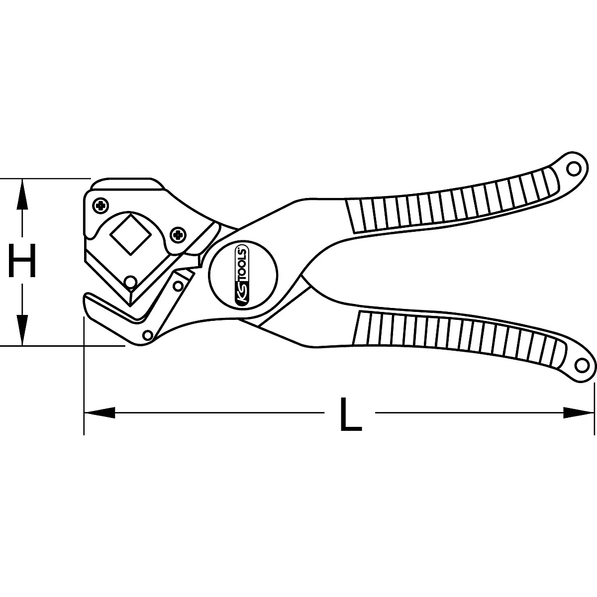 Schneidwerkzeug, Seitenansicht mit Maßangaben, schwarz-weiß.